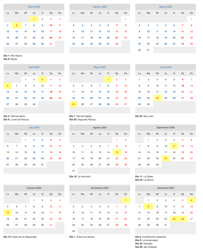 Calendario laboral en Barcelona 2026 3 Calendario laboral Barcelona 2026